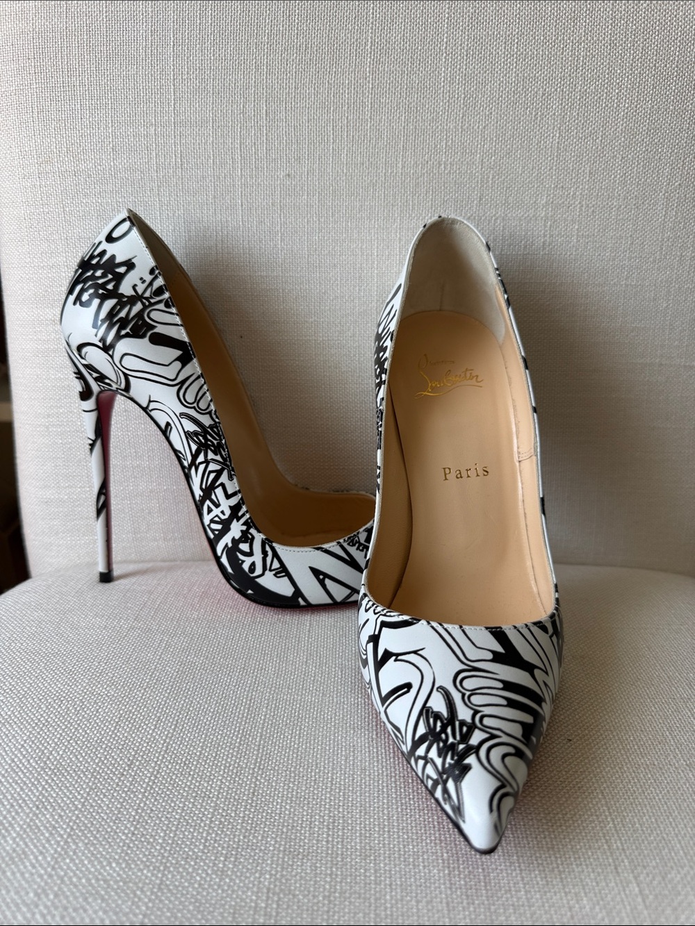 Christian Louboutin Black & White Graffiti Pointed Toe Pumps